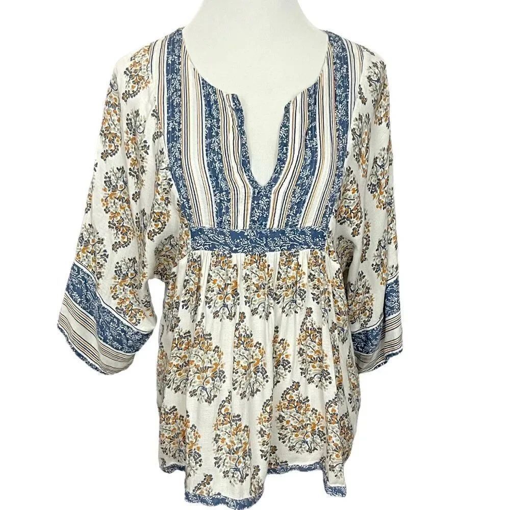 Lucky Brand Mixed Print Boho Peasant Top M